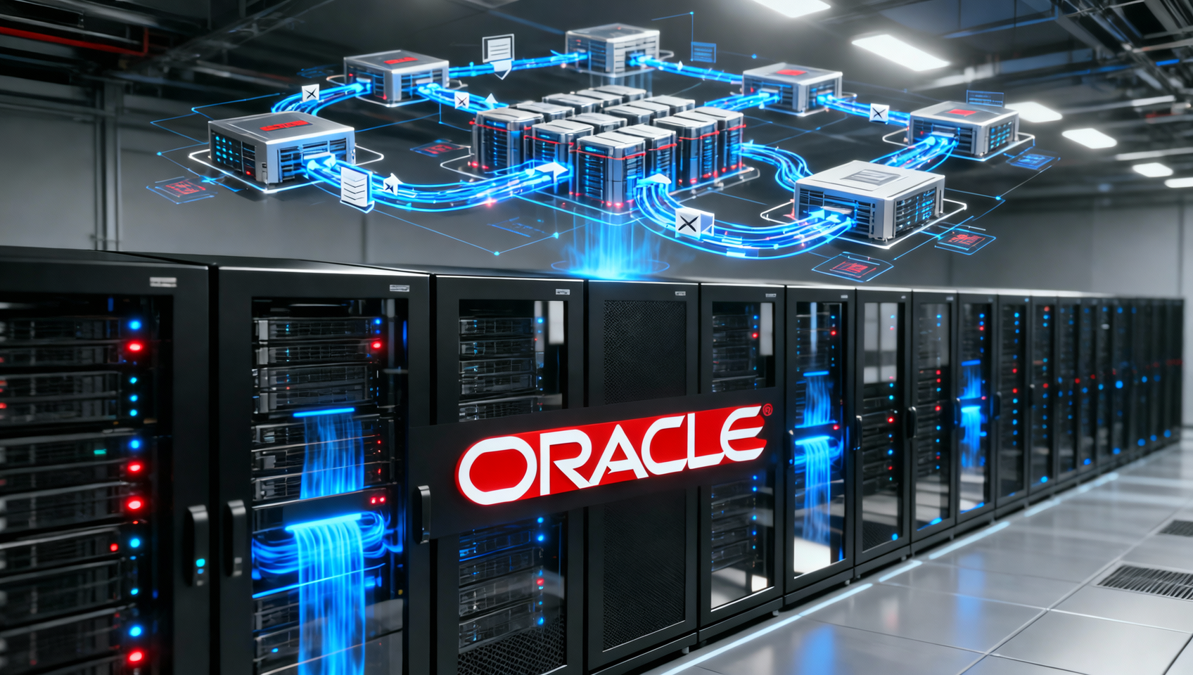 Oracle数据库技术服务：高科技数据中心风格，展示Oracle数据库高性能运行可视化场景，一排黑色高密度服务器机柜整齐排列，正面显示Oracle标志性的红白LOGO，柜体内透出蓝色脉冲光效，上方悬浮三维拓扑图展示主备集群、RAC架构与容灾链路